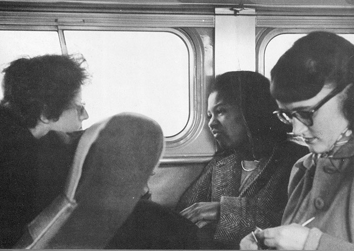  (l-r) Edith Yalden-Thomson, Joan Berry '55, and Eve Dahnken '52 on the bus during the 1951 trip.