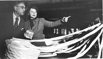 Bert James Loewenberg with Judith Thompson '54 visiting a textile mill during the 1951 trip.