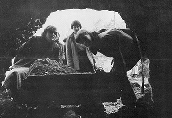 A family coal mine in the Cumberland Mountains. (l-r) Annie-Claude Durrback, Abby Weltchek, Maria Josephy.. (1952 Yearbook)