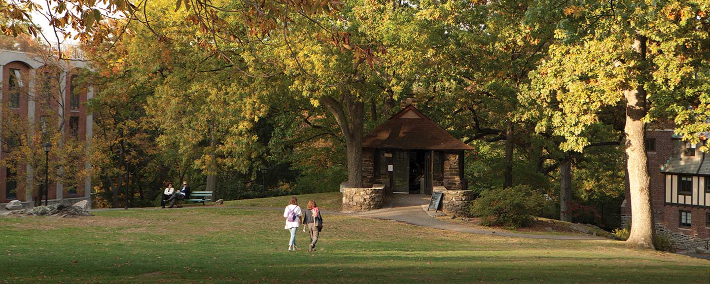 Students walking toward the Teahaus on campus