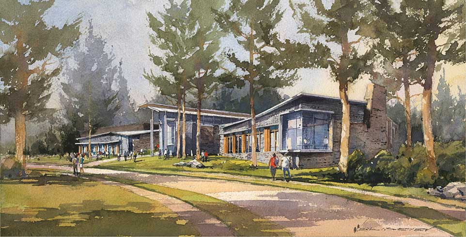 Rendering of exterior view of Barbara Walters Campus Center