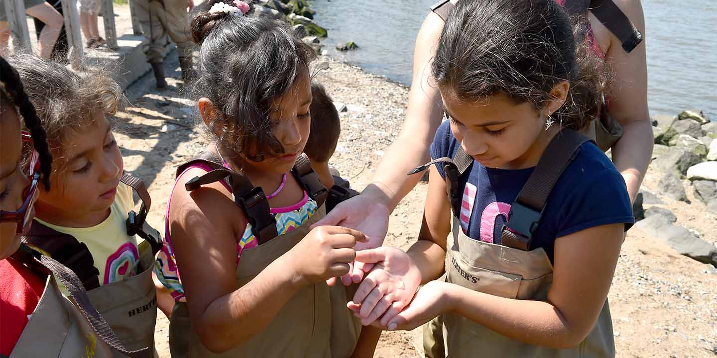 Young children in waders at the river