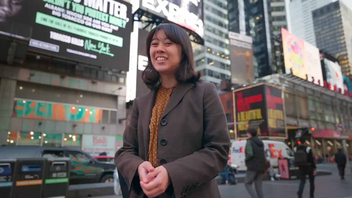 portrait of student in times square