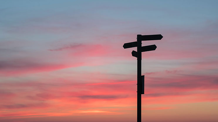 Silhouette of road sign with different directions at sunset