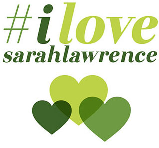 I Love Sarah Lawrence graphic with green hearts