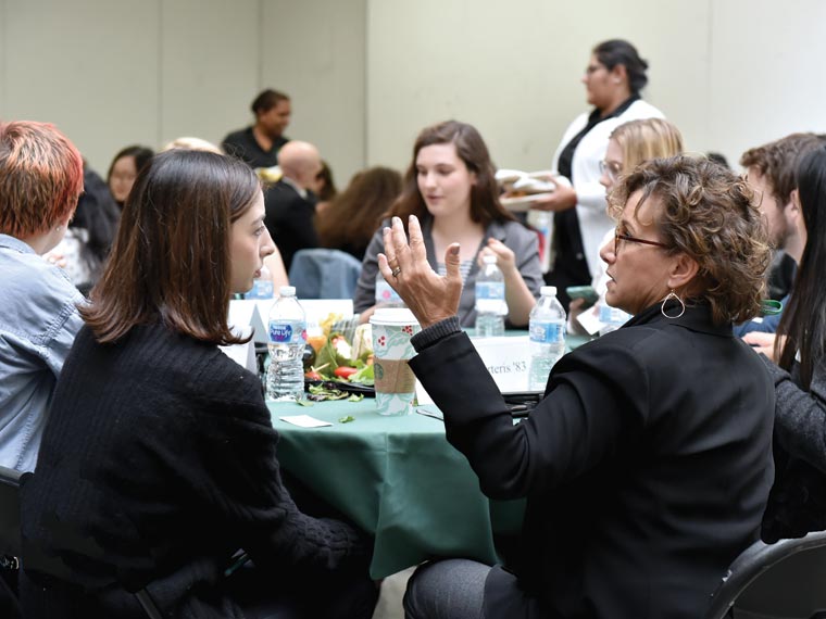 Following her keynote address, Carteris shares lunch and advice with juniors and seniors participating in SLC’s annual preprofessional conference in fall 2018; photo: Dana Maxson