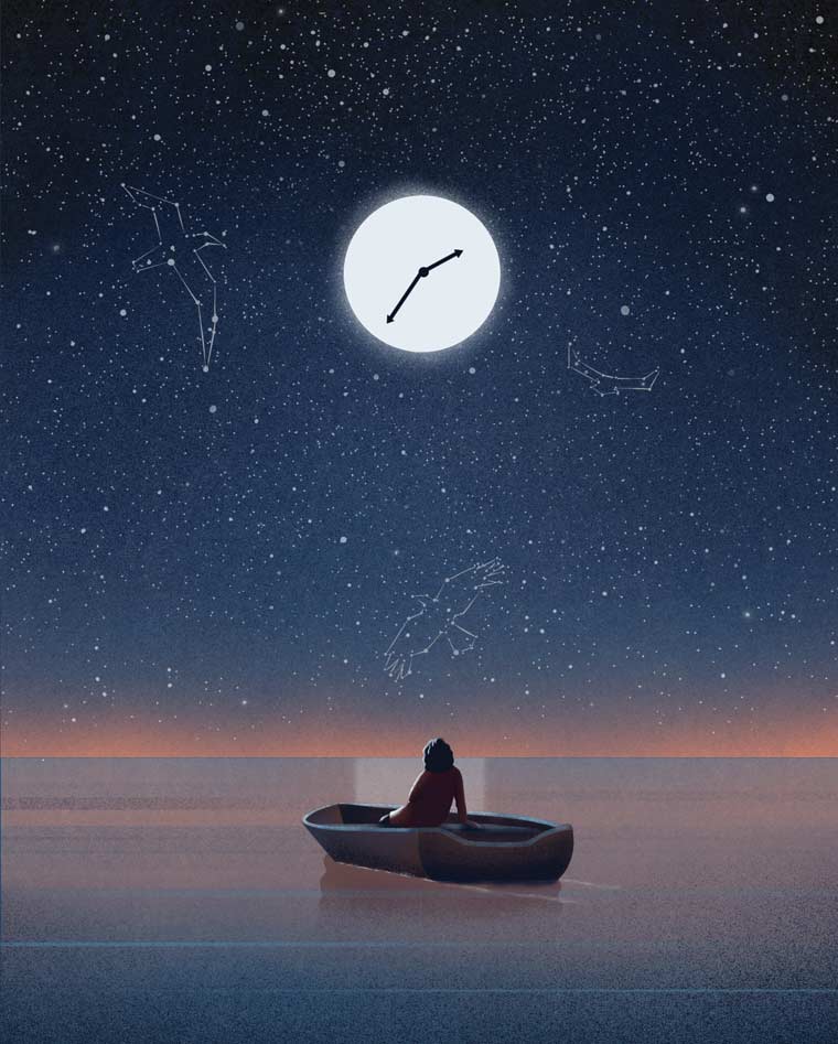 Illustration of moon with clock face shining on water with a figure in a boat looking at the sky with constellations outlined.