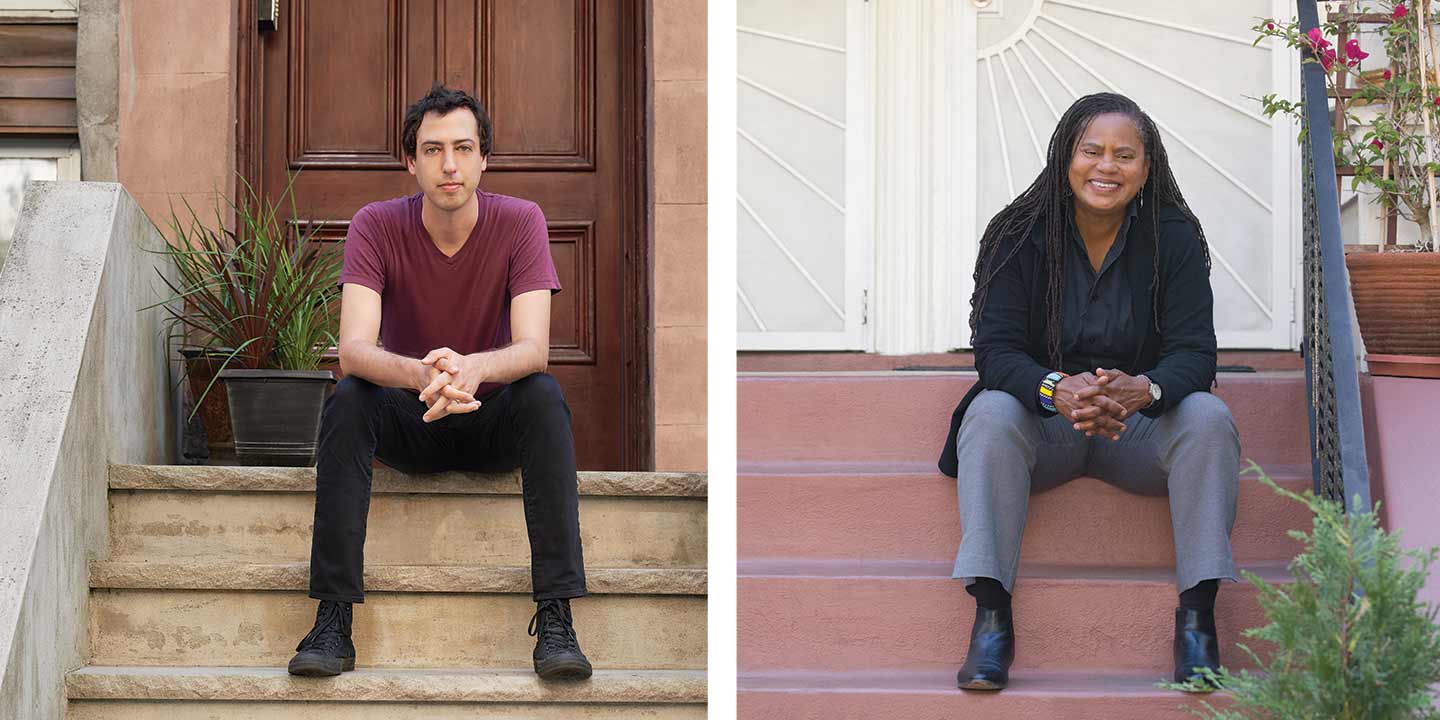 Side by side portraits of two people; each sitting on front steps to different buildings.