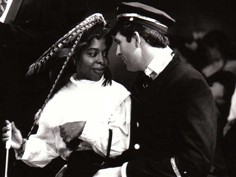 Medley stares into the soul of fellow Titanic passenger Allen Lang (theatre) in The Floating Cathedral, written and directed by Shirley Kaplan (theatre, emerita) in 1994. (Photo by Valerie Brea Ross)