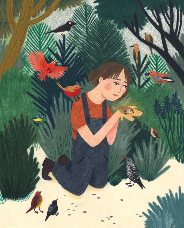 Illustration of girl with birds