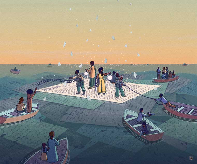 Illustration of people and boats