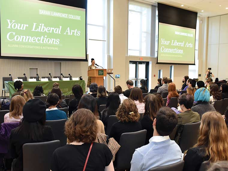 Sanaa Hamri addresses students at Sarah Lawrence College