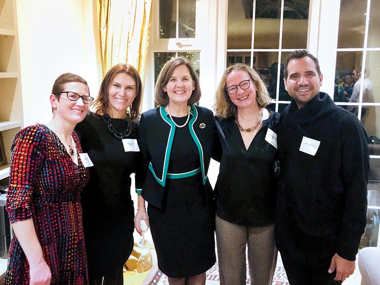 President Judd paused for a snapshot with (left to right) Julie Broome ’97, Tracei Akarlilar ’97, Laura Hammond ’89, and Agamemnon Otero ’01 at an alumni event in London hosted by Shirin Narwani Meir '90 and Nigel Meir. Photo credit: Christina Camardella.