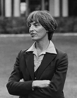 Black and white photo of Joan Marks in front of Westlands
