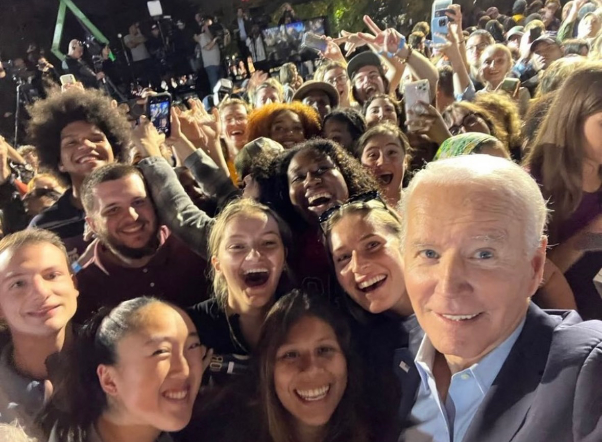 President Joe Biden takes a selfie with Sarah Lawrence students