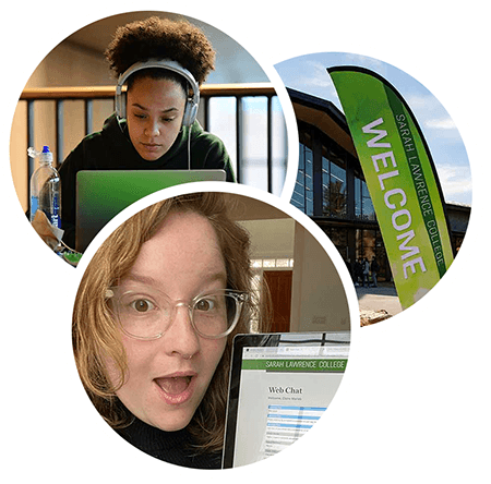 Overlapping circles enclosing photos of students and welcome messages