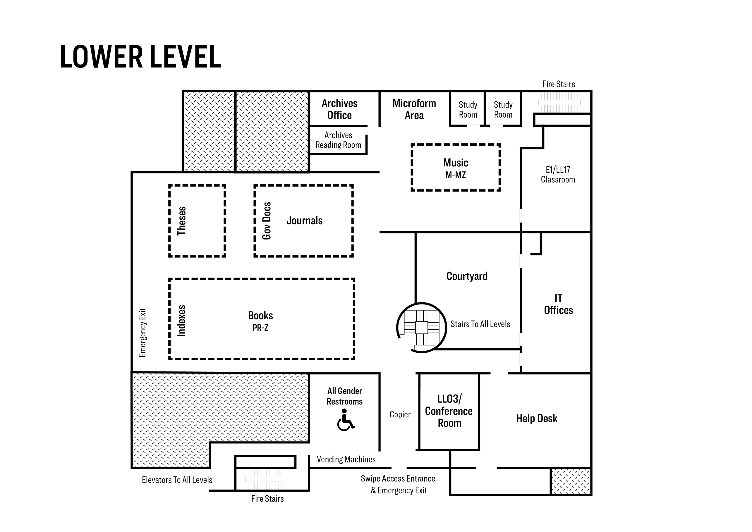 Floor plan diagram of lower library level