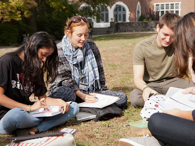 Students sitting and studying on lawn