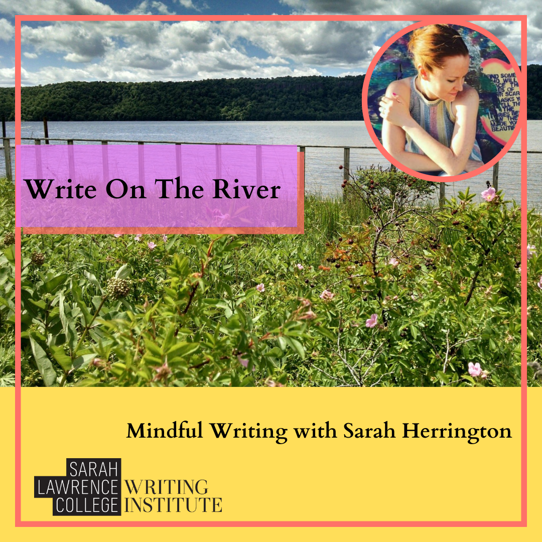 Field of wildflowers on bank of Hudson River with inset photo of Sarah Herrington