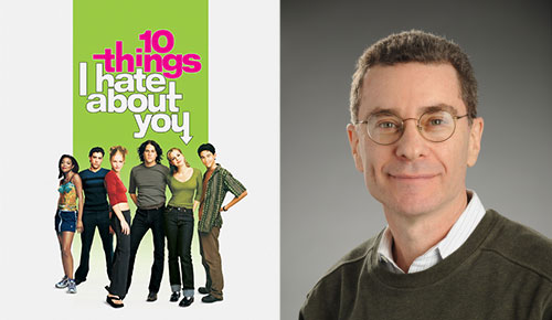 Side by side photo of the 10 Things I Hate About You movie poster and music faculty member Marty Goldray