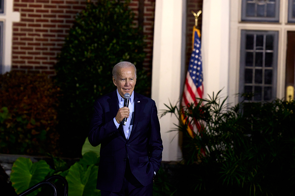President Joe Biden speaks in front of Westlands at Sarah Lawrence College