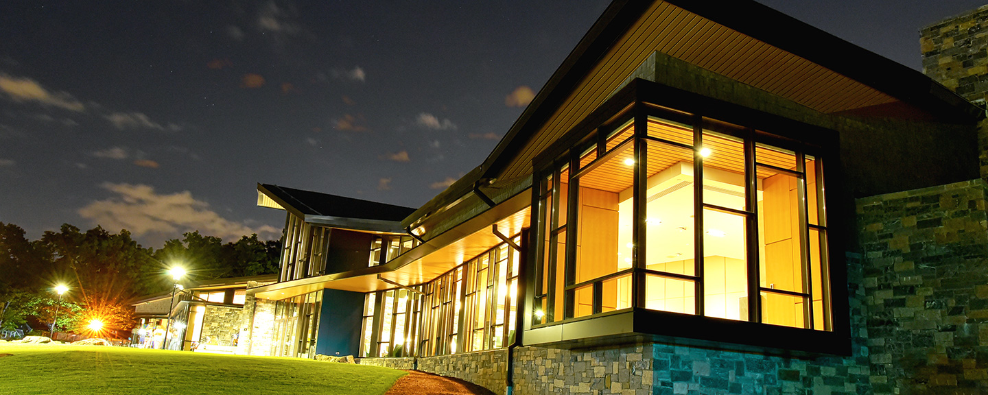 The Barbara Walters Campus Center at night