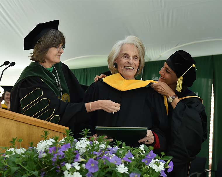 President Judd and Provost Singh conferring honorary degree upon Joan Marks