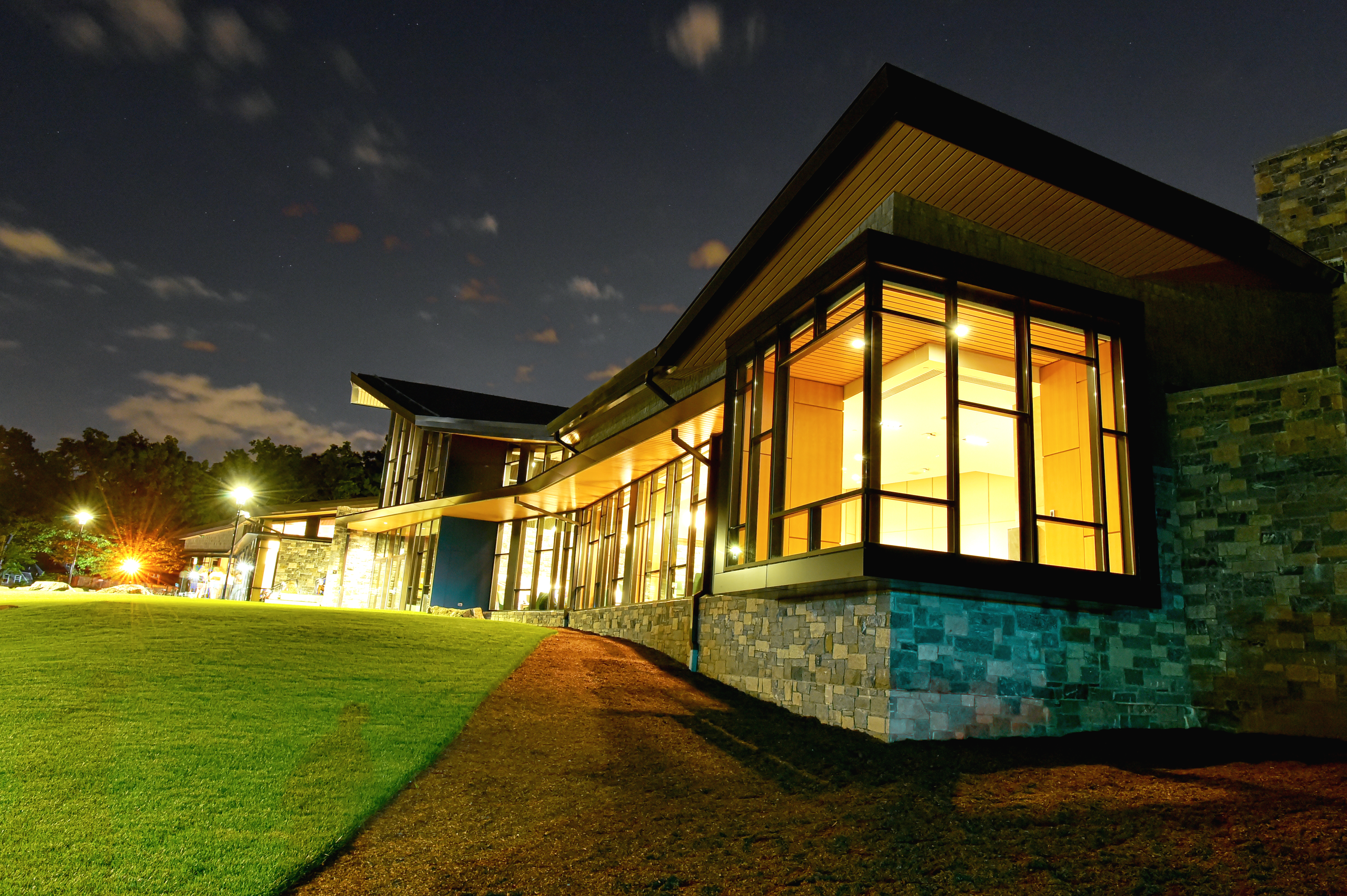 Barbara Walters Campus Center exterior at dark