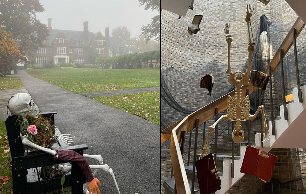 Halloween skeleton props on campus