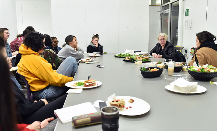 Martha Rosler at dinner with Sarah Lawrence College students