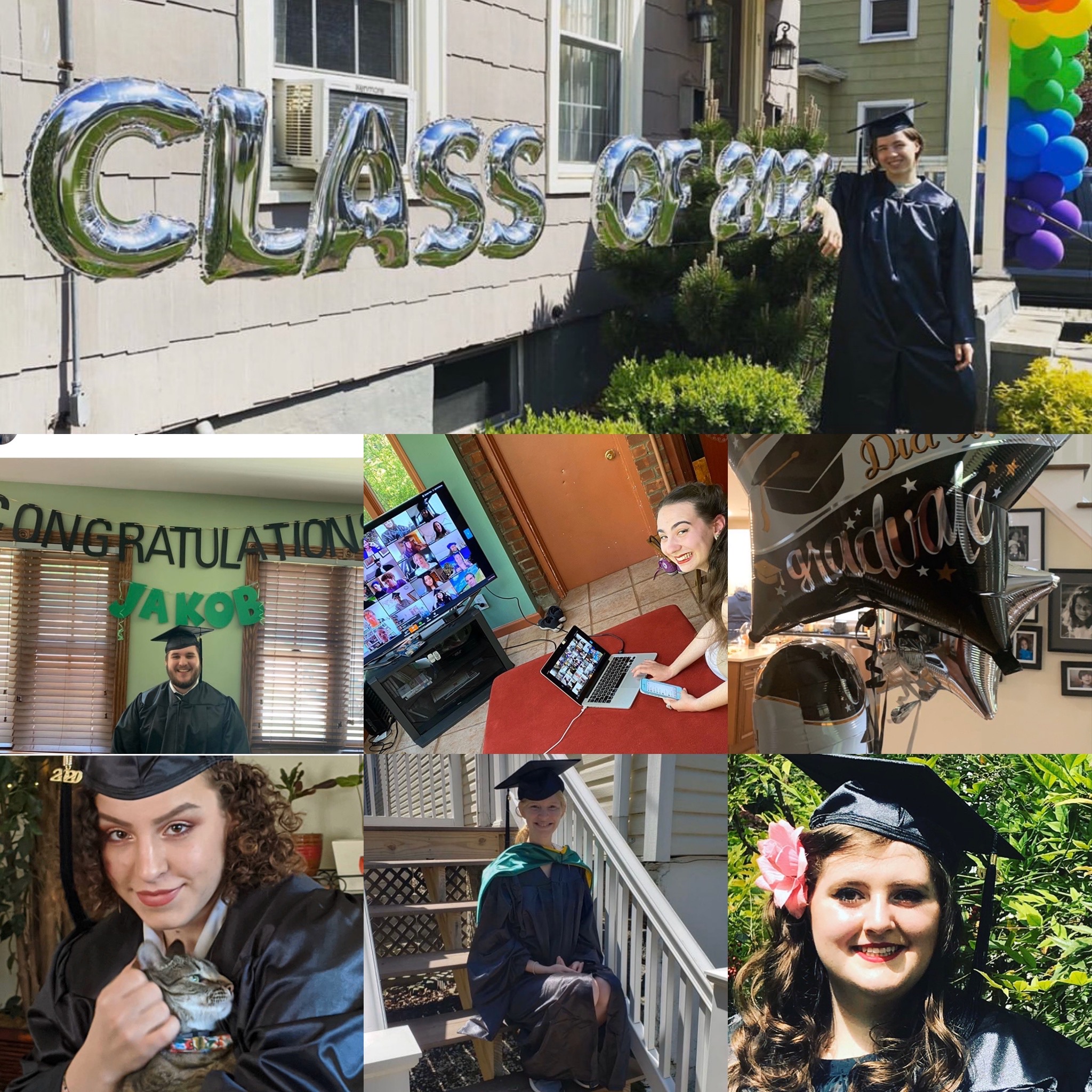 Members of the Sarah Lawrence College class of 2020 in their festive regalia at home celebrating commencement