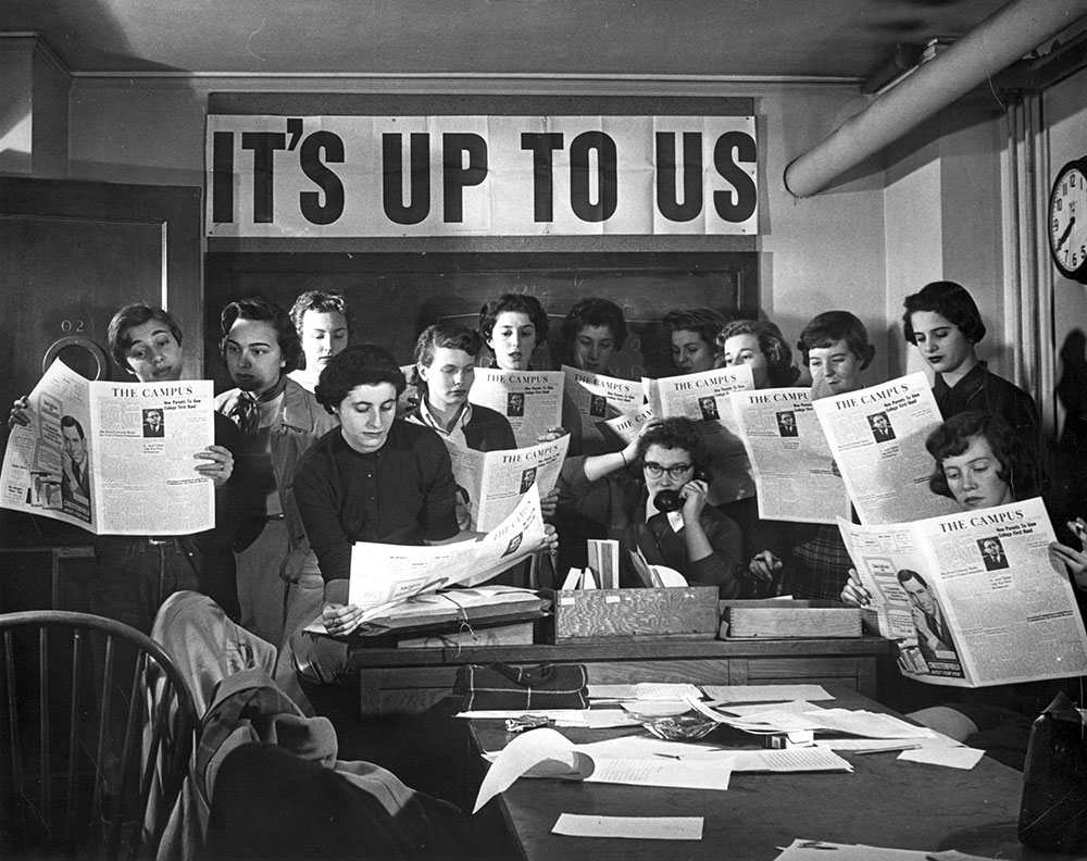 Enid and fellow members of the student newspaper staff, 1950s