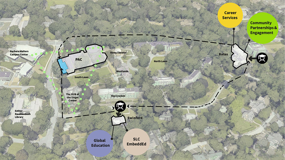Map of campus showing location of new center and the functions that will call it home