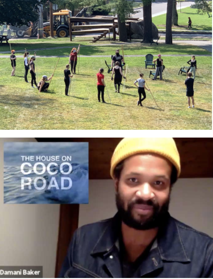 Photo of students engaged in stage combat above a photo of Damani Baker