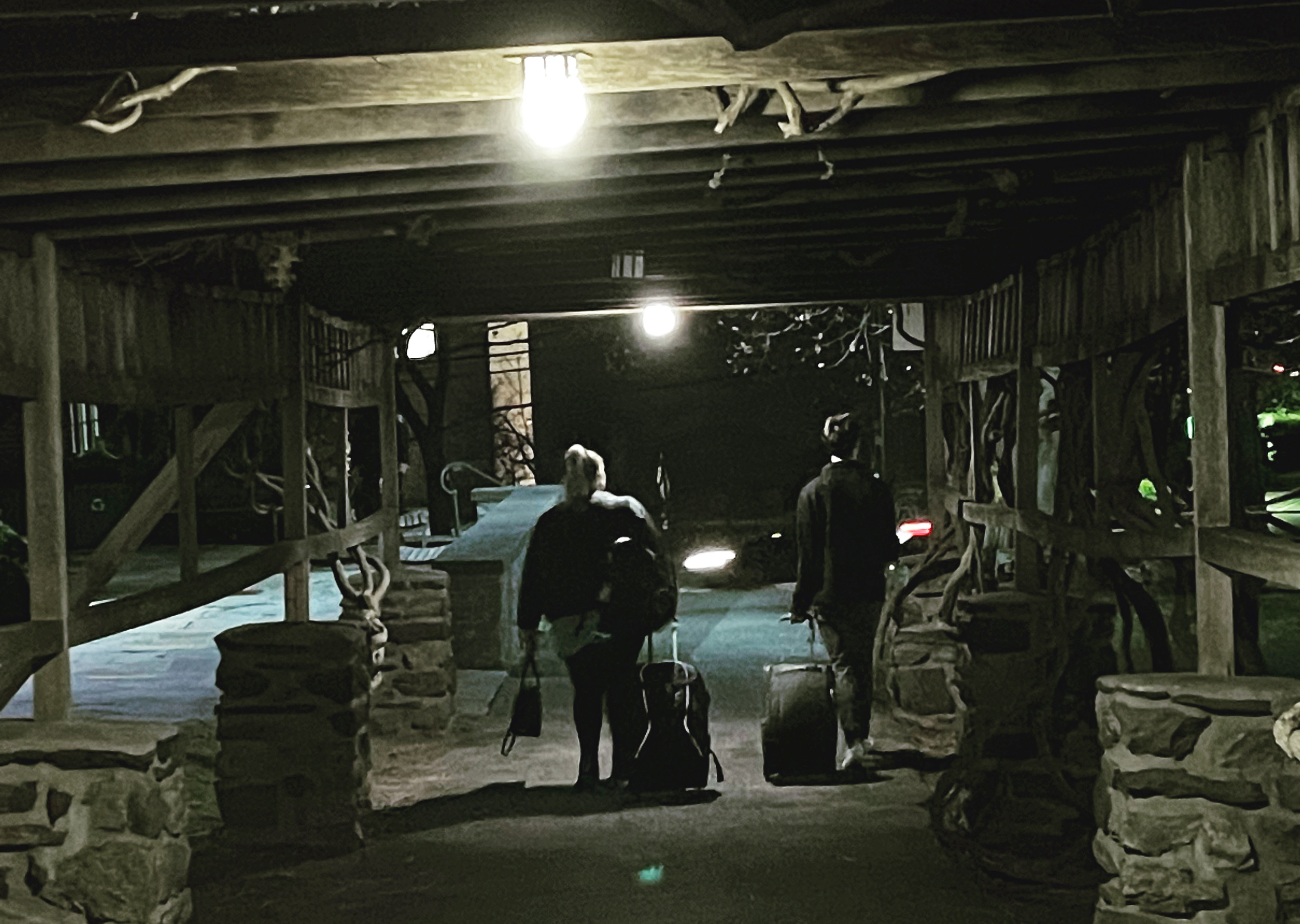 Students walking with luggage under the wisteria arbor