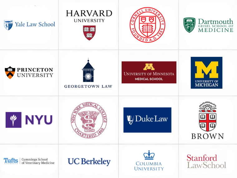Collage of logos of graduate, medical, and law schools 