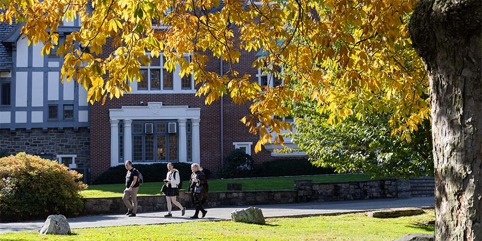 group of students in discussion walking outside