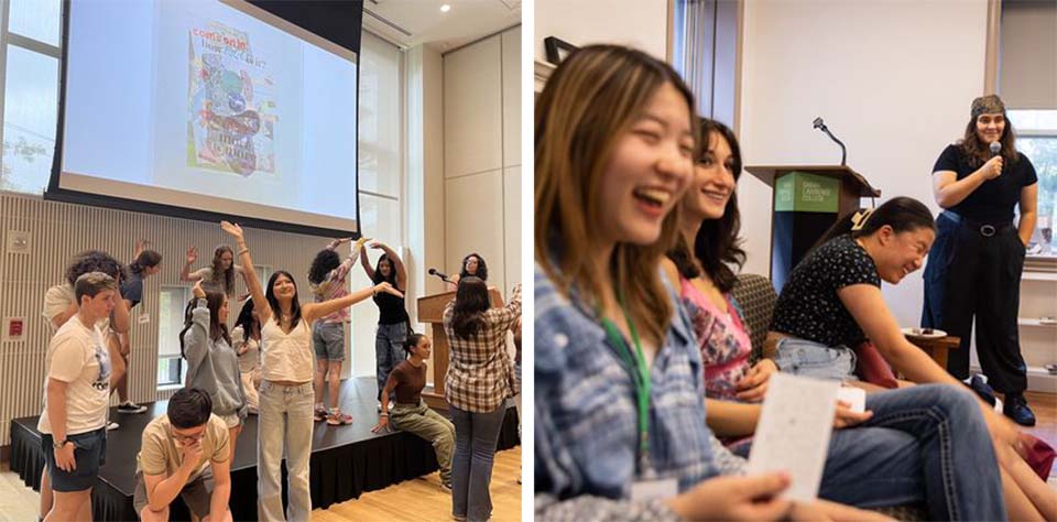 two photos: group of students performing on a low stage in front of projection screen; group laughing together all looking at something out of frame