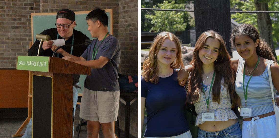 two photos: group of 3 people with arms over shoulders smiling outdoors; two people smiling at a cue card at a lectern